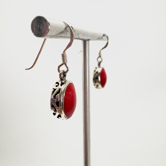 VTG Sterling Silver 925 Red Cabochon Gemstone Dangle Earrings Size 1" Length - Picture 2 of 9